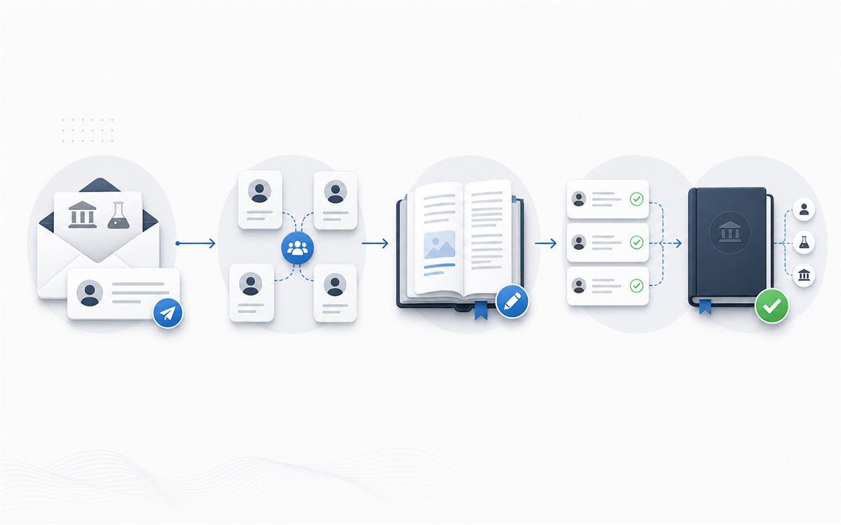 Diagram of the pilot workflow: request access, invite your group, then write and review living books together.